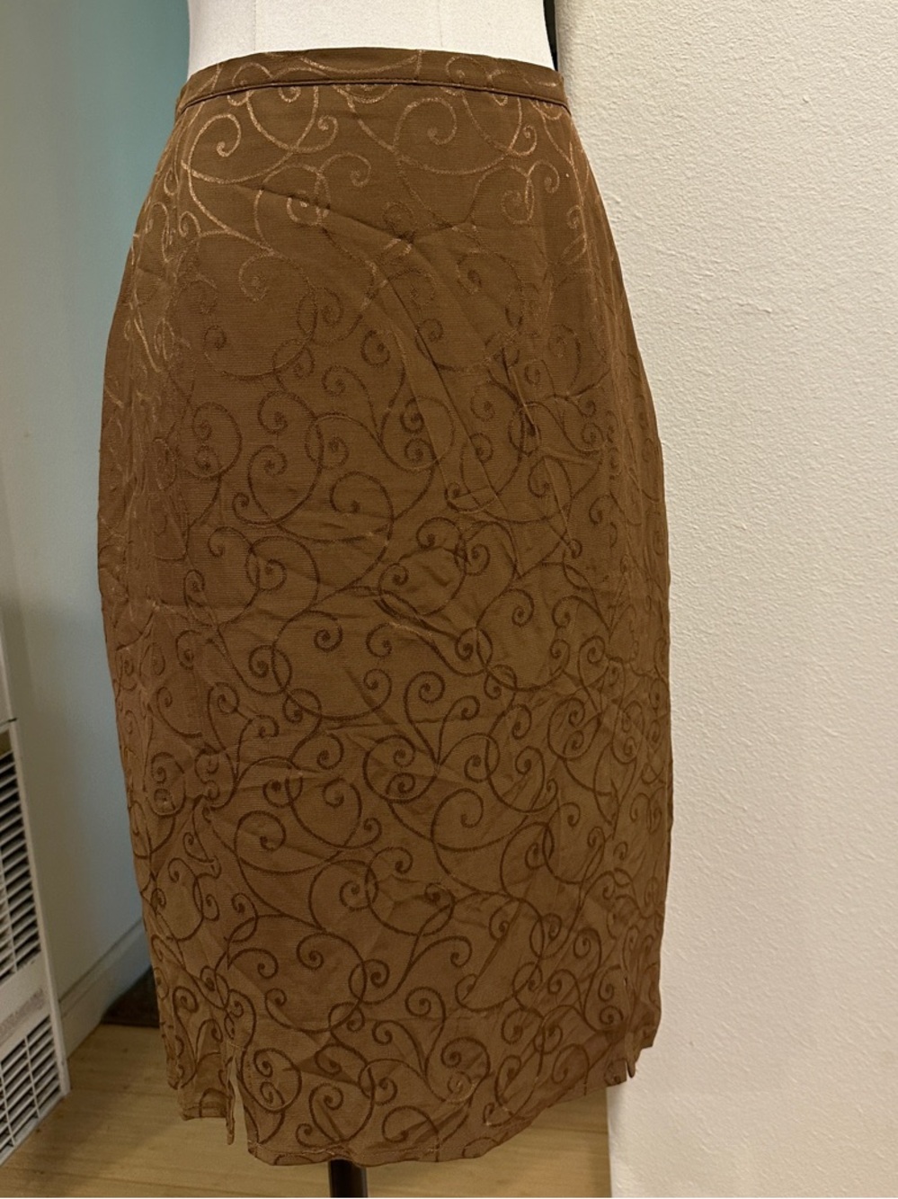 Vintage Brown Swirl-Print Pencil Skirt